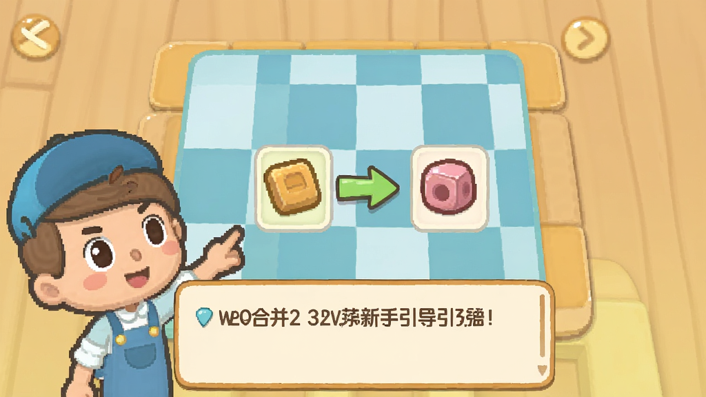 快乐合并之家新手引导界面截图,画面中有一个卡通角色正在指点棋盘上的两个相同物品,旁边有箭头指示合并方向,界面下方有提示文字框,整体风格简洁清晰,画质干净,无多余元素