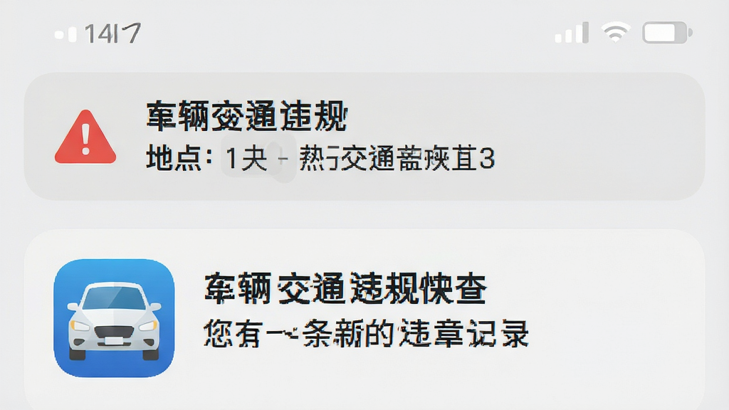 主体是手机通知栏弹出的一条违章提醒消息,布局为上下结构,上方为手机顶部状态栏和通知横幅,下方为车辆交通违规快查的软件图标和通知内容,排版简洁直观,风格为扁平化手机界面风格,细节包括通知横幅上的红色警示图标、违章时间地点描述、软件图标带有车辆元素、背景为淡灰色,画质高清干净无多余元素,图片中文字为车辆交通违规快查、您有一条新的违章记录