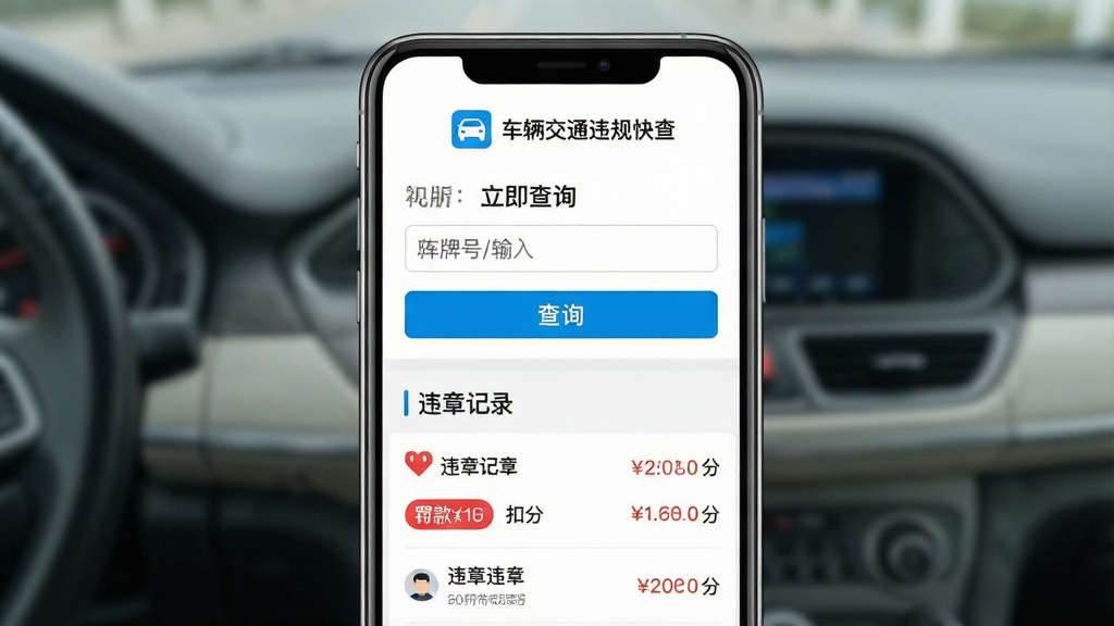 主体是一部智能手机,屏幕中央显示车辆交通违规快查的查询界面,布局为居中构图,上方为软件logo和名称,中部为查询输入框和查询按钮,下方为违章记录列表展示,排版整洁有序,风格为清新简约的UI界面风格,细节包括车牌号输入框、查询按钮高亮、违章条目带有红色标记、罚款金额和扣分数字清晰可见,画质高清干净无多余元素,图片中文字为车辆交通违规快查、立即查询、违章记录