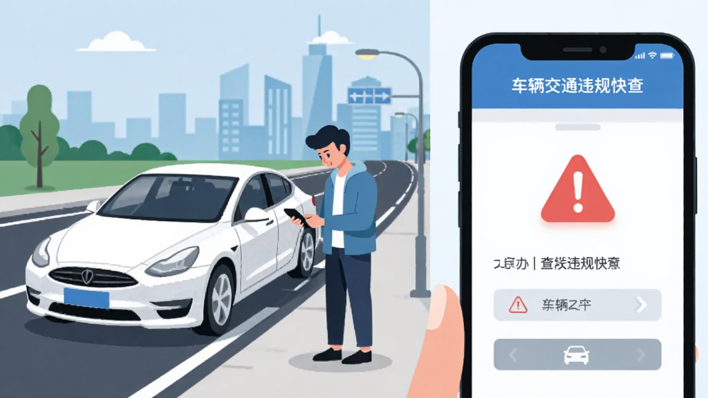 主体是一辆白色轿车停在城市道路旁,旁边有一位车主正低头查看手机屏幕,布局采用左右构图,左侧为车辆与道路场景,右侧为手机界面特写,排版清晰明了,风格为扁平化现代插画风,细节包括手机屏幕上显示车辆交通违规快查的查询结果页面、红色警示图标、道路标线、远处城市建筑轮廓,画质高清干净无多余元素,图片中文字为车辆交通违规快查