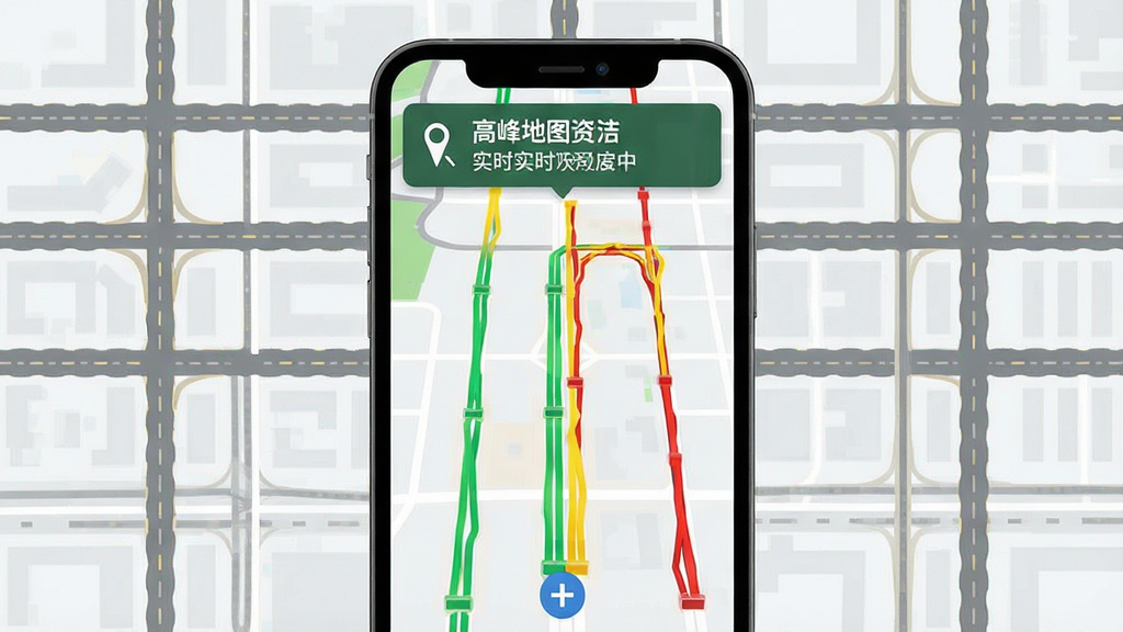 一张展示高峰地图导航实时路况功能的图片,画面为手机屏幕显示城市地图,道路上分布着绿色、黄色、红色的路况线条,屏幕上方有路况提示文字,背景是简洁的城市道路网格,风格为现代扁平化设计,细节清晰,画质干净,无多余装饰元素。