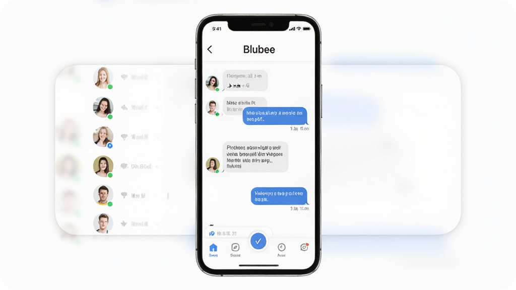 软件名称Blubee,主体为一部智能手机屏幕展示社交聊天界面,布局居中,排版简洁,风格现代清新,细节包括头像列表、聊天气泡和底部导航栏,画质高清,干净,无多余元素