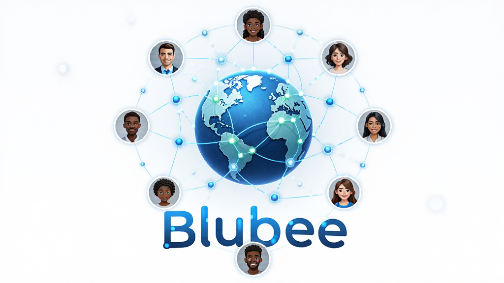 软件名称Blubee,主体为地球与连接线组成的社交网络图形,布局中心对称,排版大气,风格科技感,细节包括不同肤色人物头像环绕,画质高清,干净,无多余元素