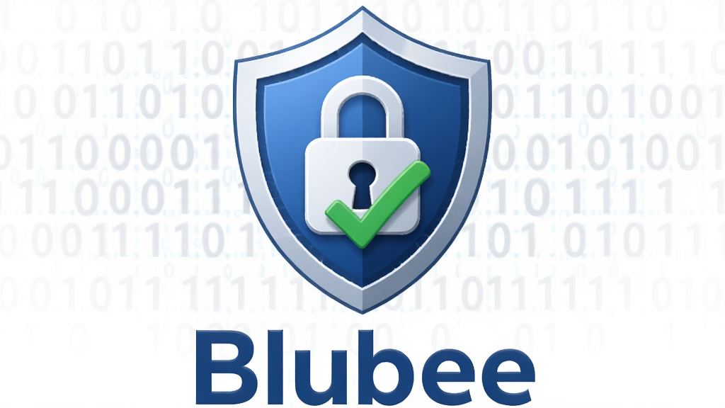 软件名称Blubee,主体为一把盾牌与锁的组合图标,布局居中,排版稳重,风格安全可信,细节包括二进制代码背景和绿色对勾,画质高清,干净,无多余元素