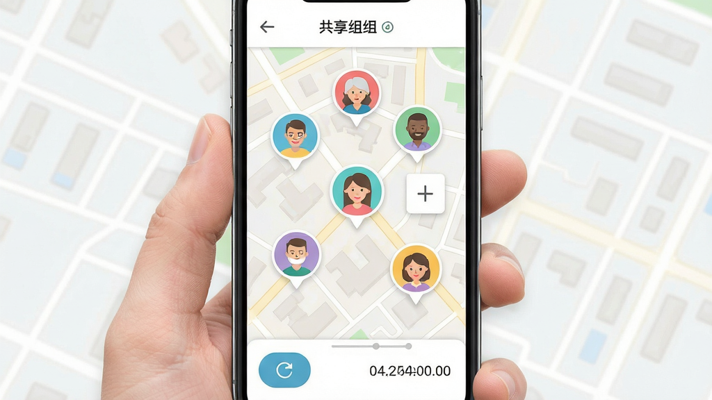 手机定位快速查实时位置共享功能界面图,画面展示一部手机屏幕,上面是一个带有多个彩色头像图标的地图,每个头像代表一位家庭成员,地图背景为浅色系街道和建筑轮廓,界面顶部显示共享组名称,底部有刷新按钮和时间戳,整体风格清新简约,画质干净清晰,无多余装饰元素