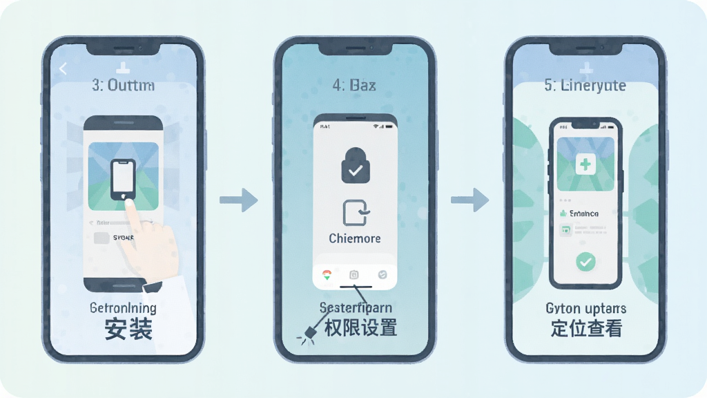 手机定位快速查在手机上的操作步骤示意图,画面展示一部智能手机,屏幕上分步骤显示安装、权限设置和定位查看的流程,每一步都有简洁的图标和文字说明,整体采用扁平化插画风格,色调柔和,画质清晰,无多余元素