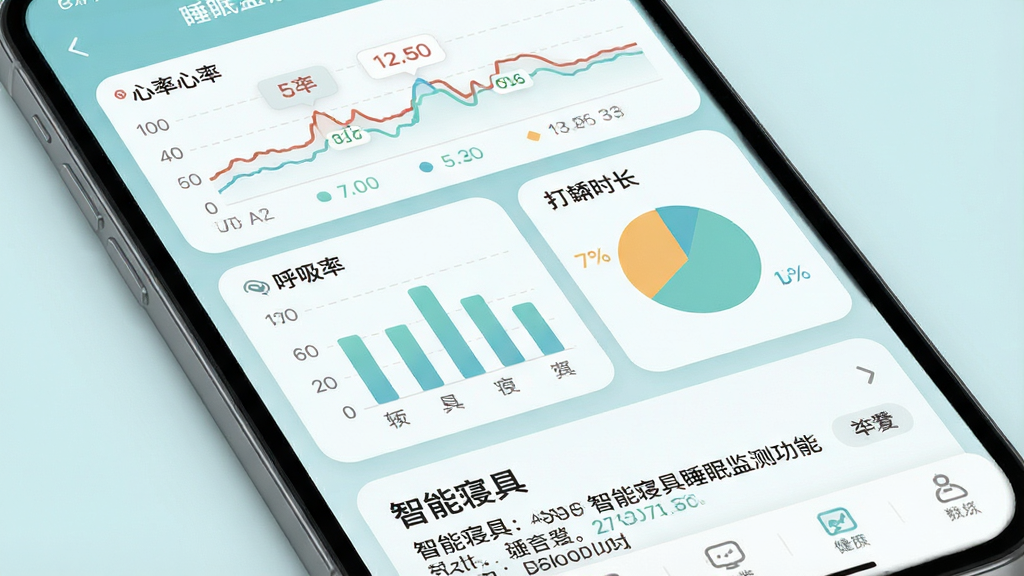 一张展示智能寝具睡眠监测功能的界面图,画面主体为手机屏幕上的睡眠报告页面,包含心率曲线、呼吸率柱状图、打鼾时长饼图,屏幕下方有“智能寝具”字样,布局采用上下结构,上方为数据图表,下方为文字总结,风格为医疗健康类清爽风格,细节包括柔和的蓝绿色调、圆角卡片、清晰的数据标签,画质高清,干净无杂乱元素
