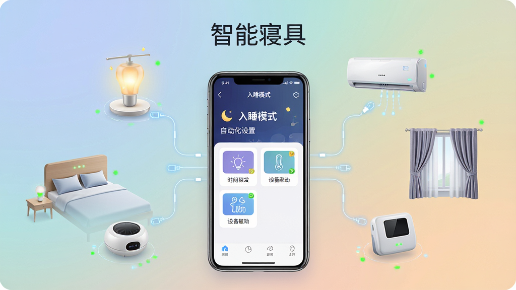 一张展示智能寝具场景联动功能的示意图,画面中央为手机屏幕,屏幕上显示“入睡模式”自动化设置界面,包含时间触发、设备联动图标,周围环绕智能灯、空调、窗帘等卧室设备,布局采用放射状构图,手机位于中心,设备围绕四周,风格为智能家居科技风,细节包括连接线、状态指示灯、柔和渐变背景,画质高清,干净整洁,图片中文字标注“智能寝具”