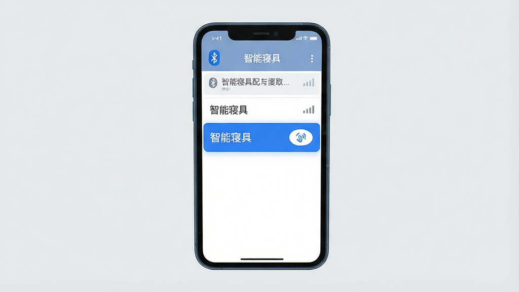 一张展示智能寝具在手机端连接设备的操作示意图,画面主体为手机屏幕,屏幕上显示蓝牙搜索列表,其中“智能寝具”设备高亮显示,旁边有配对按钮,布局为居中构图,手机位于画面中央,背景为浅灰色,风格为扁平化科技风,细节包括蓝牙图标、信号强度标识、设备名称文字,画质高清,干净无多余元素,图片中文字标注“智能寝具”