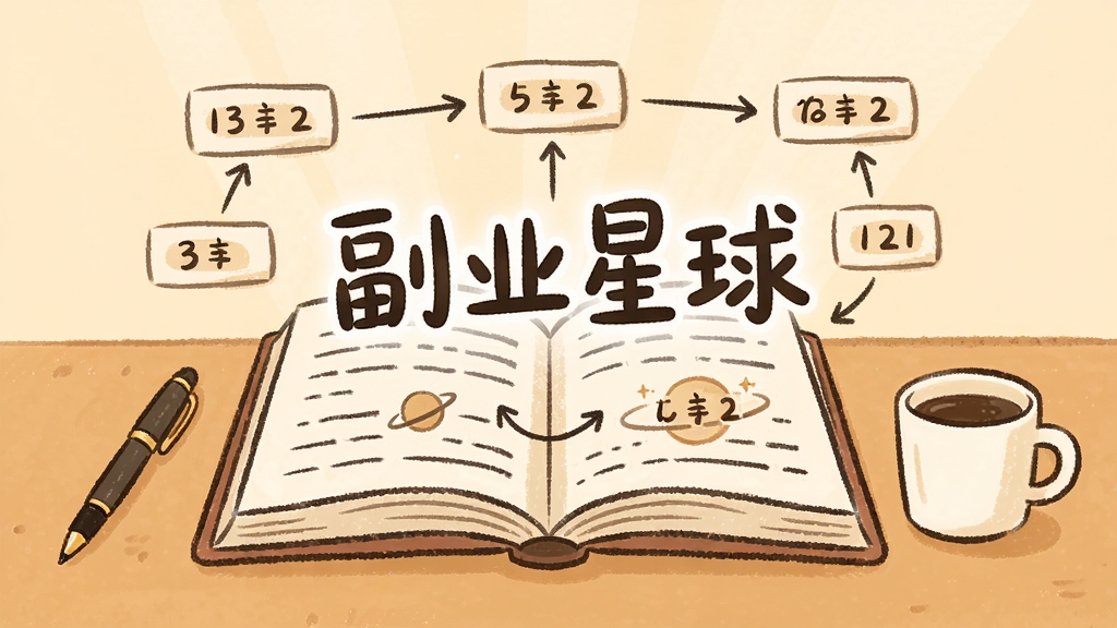 一幅展示学习场景的插画,画面中一本打开的书本上浮现出“副业星球”字样和多个步骤流程图,书本旁边有一支笔和一杯咖啡,背景为温暖的米黄色,整体排版为居中构图,风格为手绘插画风,细节上书本页面有文字线条和箭头,画质清晰,干净,无多余元素