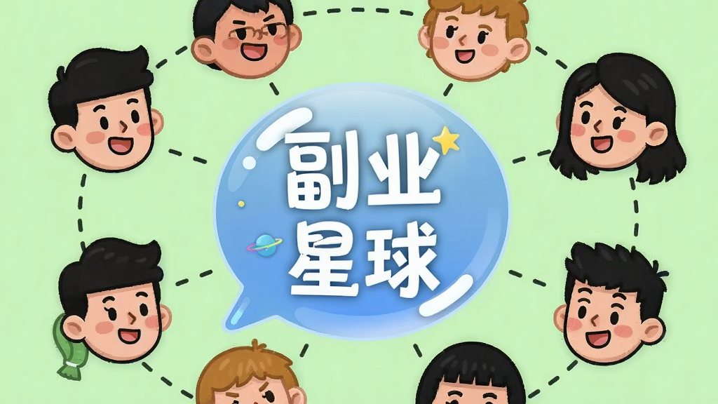 一幅表现社交互动的插画,画面中多个卡通人物头像围绕着一个中心气泡,气泡内写着“副业星球”,人物之间用虚线连接,背景为浅绿色,整体布局为环形排列,风格为卡通扁平风,细节上人物表情丰富、气泡有光泽感,画质清晰,干净,无多余元素
