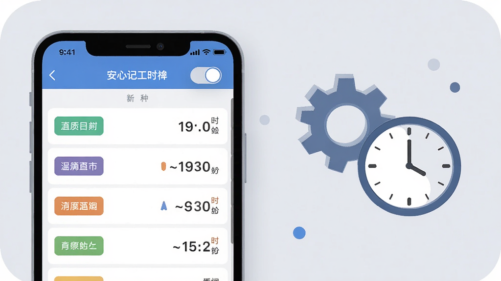 请生成一张展示安心记工时应用内多工种切换界面的图片,画面中手机屏幕显示着工种列表和切换按钮,旁边有齿轮和时钟的图标元素,背景为柔和的浅灰色,风格为扁平化科技插画,细节包括不同颜色的工种标签和清晰的数字统计,画质高清,画面干净整洁,无多余装饰