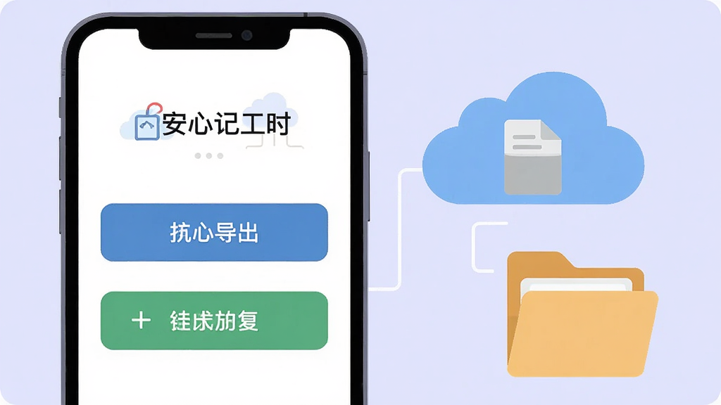 请生成一张安心记工时应用内数据备份与恢复功能的示意图,画面中手机屏幕显示着导出和导入按钮,旁边有云朵和文件夹的图标,背景为宁静的浅紫色,风格为扁平化插画,细节包括清晰的按钮文字和文件图标,画质高清,画面干净无多余元素