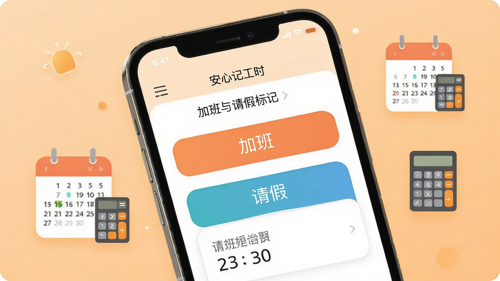 请生成一张安心记工时应用内加班与请假标记功能的界面展示图,画面中手机屏幕显示着加班按钮和请假选项,旁边有日历和计算器的图标,背景为温暖的浅橙色,风格为简洁明快的UI展示,细节包括清晰的文字标签和数字,画质高清,画面干净无多余元素