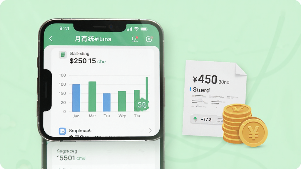 请生成一张安心记工时应用内月度统计页面的图片,画面中手机屏幕显示着柱状图和工时汇总数据,旁边有报表和钱币的图标,背景为清爽的浅绿色,风格为数据可视化展示,细节包括清晰的数字和图表,画质高清,画面干净整洁,无多余元素