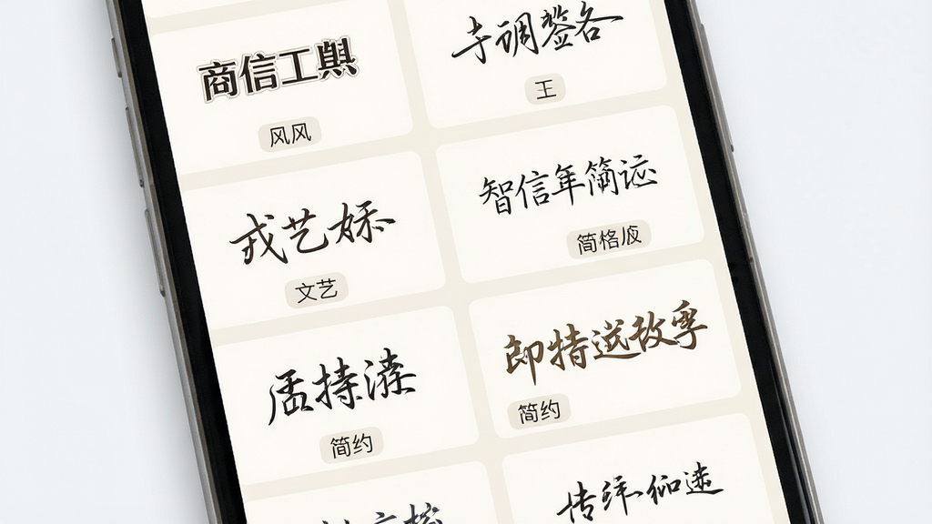 一张展示智信签名应用内多种签名模板的界面图,画面为手机屏幕特写,屏幕上以网格形式排列着不同风格的中文艺术签名,有商务风、文艺风、简约风等,每个签名下方有小字标注风格名称,背景为浅色,整体排版整齐,风格清新,细节清晰,画质高清,干净,无多余元素