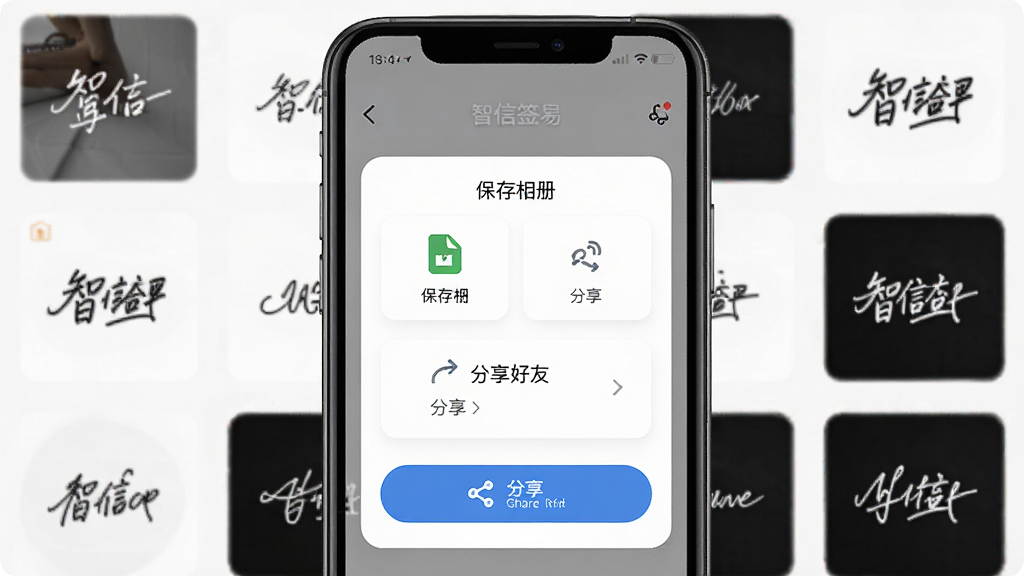 一张展示智信签名应用导出与分享功能的示意图,手机屏幕上显示签名作品导出选项,包括保存相册、分享好友等按钮,背景有多个签名缩略图,整体风格简洁实用,细节包括导出格式图标和分享按钮,画质高清,干净,无多余元素