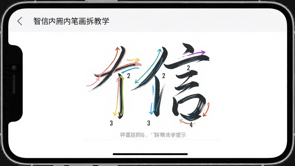 一张智信签名应用内笔画拆解教学页面的示意图,手机屏幕上显示一个中文名字的签名被拆解成多个笔画步骤,每一步用不同颜色标注,旁边有箭头指示书写方向,界面简洁,风格教学化,细节包括笔顺编号和提示文字,画质高清,干净,无多余元素