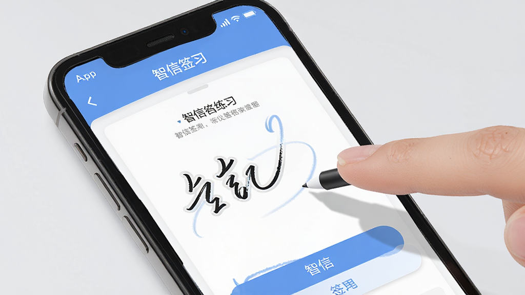 一张展示智信签名应用在手机上运行流畅界面的示意图,画面为手机屏幕特写,屏幕内显示智信签名App的签名练习页面,有笔画轨迹和提示文字,背景为浅灰色,整体风格简洁清晰,细节包括手指触控笔迹和界面按钮,画质高清,干净,无多余元素