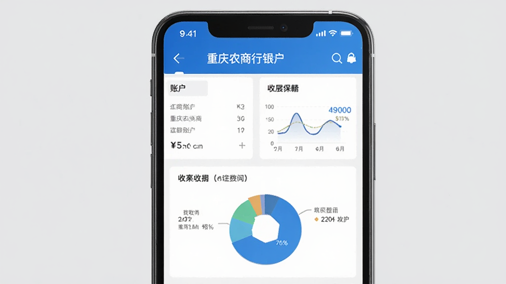 一部手机屏幕显示重庆农商行手机银行账户管理页面,主体为账户列表与收支饼图,布局为上下结构,排版整齐,风格为扁平化金融UI,细节包含蓝色与白色搭配、数据图表、卡片式列表,画质高清干净无多余元素,背景为纯色浅灰
