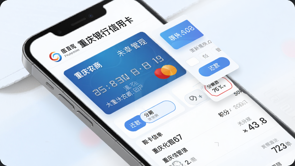 一部手机屏幕显示重庆农商行手机银行信用卡管理页面,主体为信用卡卡片与账单明细,布局为卡片叠加与列表组合,排版简洁,风格为现代信用卡管理界面,细节包含蓝色卡片、还款按钮、分期选项、积分数字,画质高清干净无多余元素,背景为浅色渐变