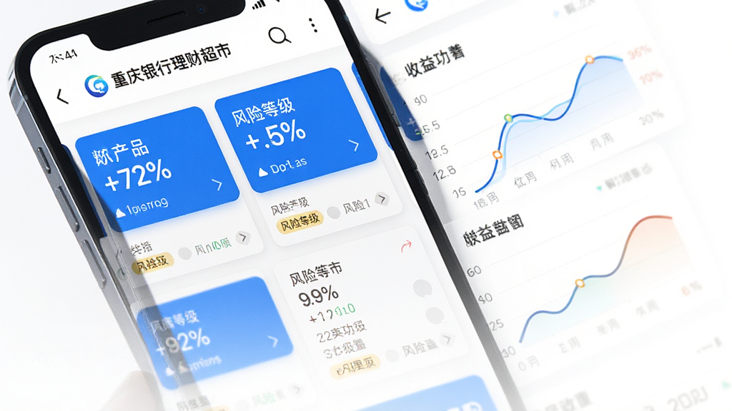 一部手机屏幕显示重庆农商行手机银行理财超市页面,主体为产品卡片列表与收益曲线图,布局为纵向滚动列表,排版清晰,风格为专业金融理财界面,细节包含蓝色高亮按钮、百分比数字、风险等级标签,画质高清干净无多余元素,背景为白色