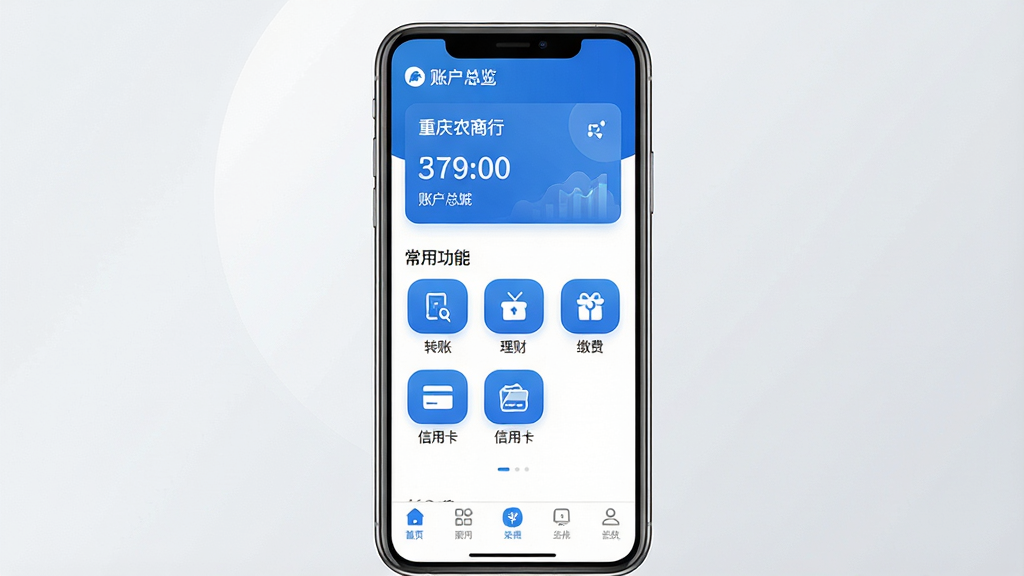 一张展示重庆农商行手机银行核心界面的图片,主体为一部竖屏智能手机,屏幕显示重庆农商行手机银行首页,布局包含顶部账户总览卡片、中部常用功能图标(转账、理财、缴费、信用卡)、底部导航栏,排版居中清晰,风格为现代金融科技感、简洁明亮,细节包含蓝色主色调、圆角卡片、数字与文字清晰可辨,画质高清干净无多余元素,背景为浅灰渐变