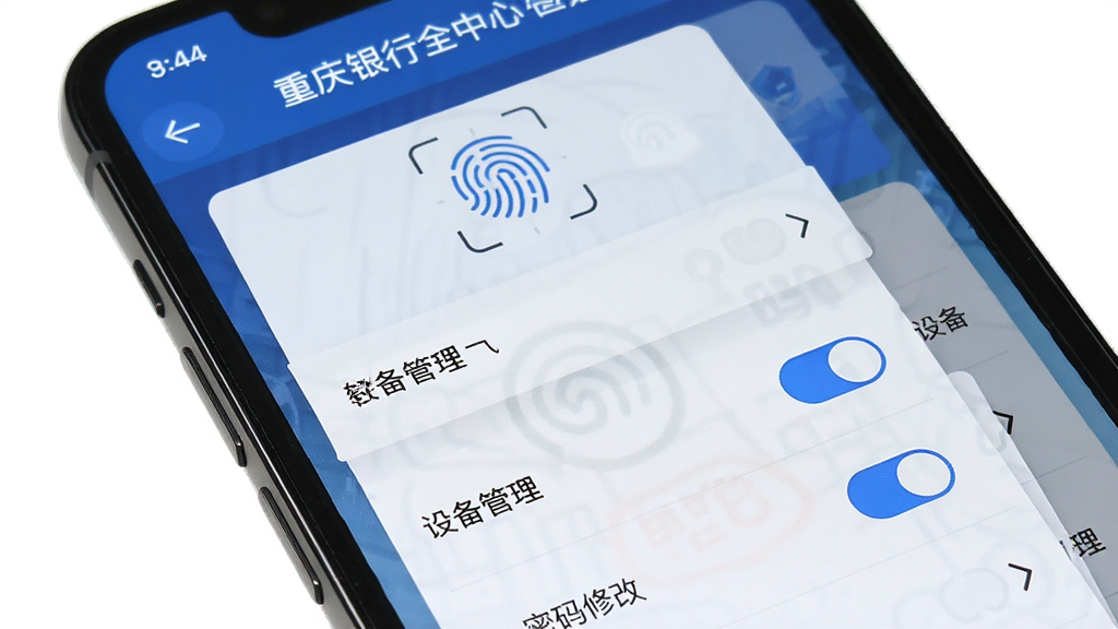 一部手机展示重庆农商行手机银行安全中心页面,主体为安全设置选项列表,布局为纵向菜单,排版清晰,风格为安全防护界面,细节包含指纹图标、设备管理、密码修改、蓝色高亮开关,画质高清干净无多余元素,背景为白色