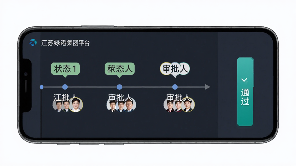 江苏绿港集团管理云平台移动审批界面展示图,主体为手机屏幕中呈现的审批流程时间轴与通过按钮,布局采用上下结构,排版清晰有序,风格为简约商务风,细节包含状态标签与审批人头像,画质高清,画面干净,无多余元素