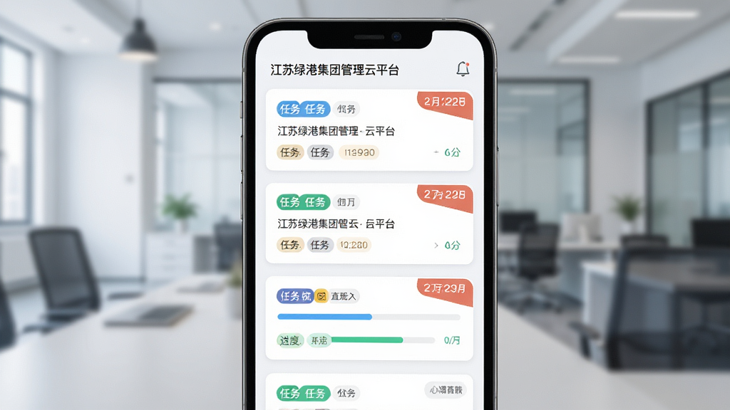 江苏绿港集团管理云平台任务看板界面图,主体为手机屏幕中展示的卡片式任务列表与进度条,布局为纵向滚动排列,排版整洁,风格为清新浅色系,细节包括任务标签与截止日期角标,画质高清,画面干净,无多余元素