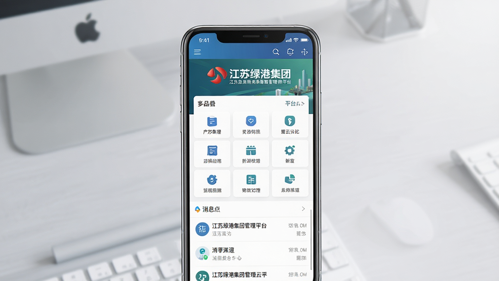画面主体为一部竖屏智能手机,屏幕内展示江苏绿港集团管理云平台的移动端首页界面,布局包含顶部集团标识横幅、中部功能图标网格与底部消息列表,整体排版简洁清晰,风格为现代商务扁平化设计,细节上屏幕边缘带有轻微高光反射,背景为浅灰色渐变办公桌面,画质高清,画面干净,无多余元素