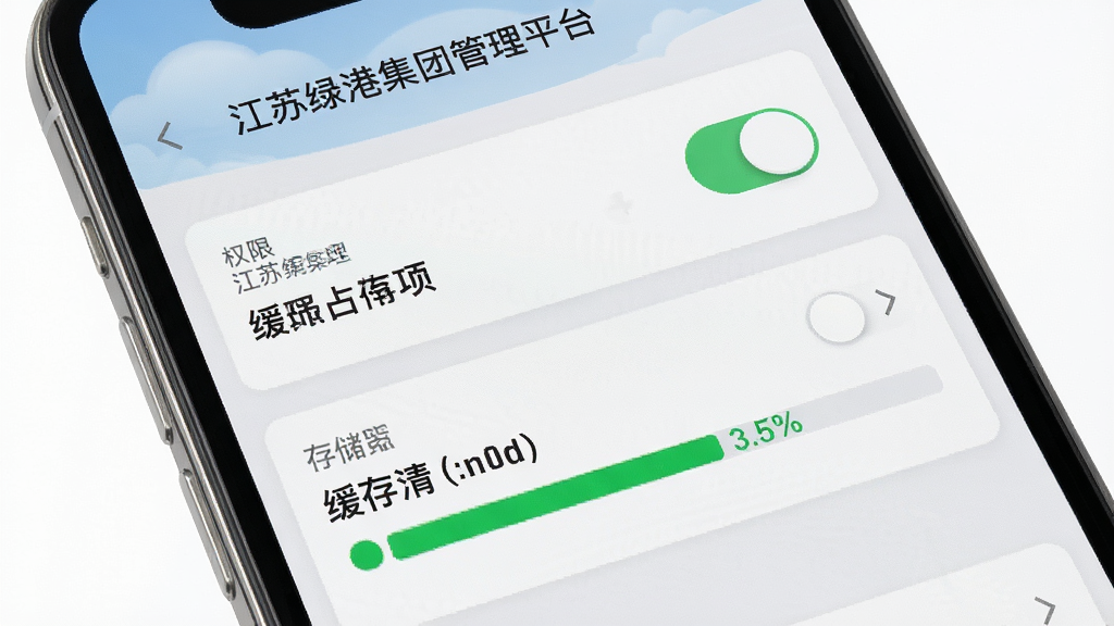 江苏绿港集团管理云平台手机端设置页面截图,主体为手机屏幕中展示的权限开关与缓存清理选项,布局为列表式排列,风格为浅灰质感,细节包含开关按钮与存储占用条,画质高清,画面干净,无多余元素