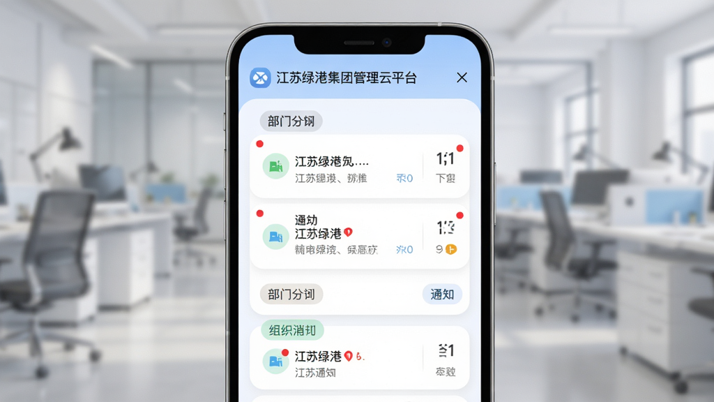 江苏绿港集团管理云平台消息通知界面图,主体为手机屏幕中展示的通知列表与组织通讯录入口,布局为上下分区,风格为柔和圆角设计,细节包含未读红点与部门分组标签,画质高清,画面干净,无多余元素