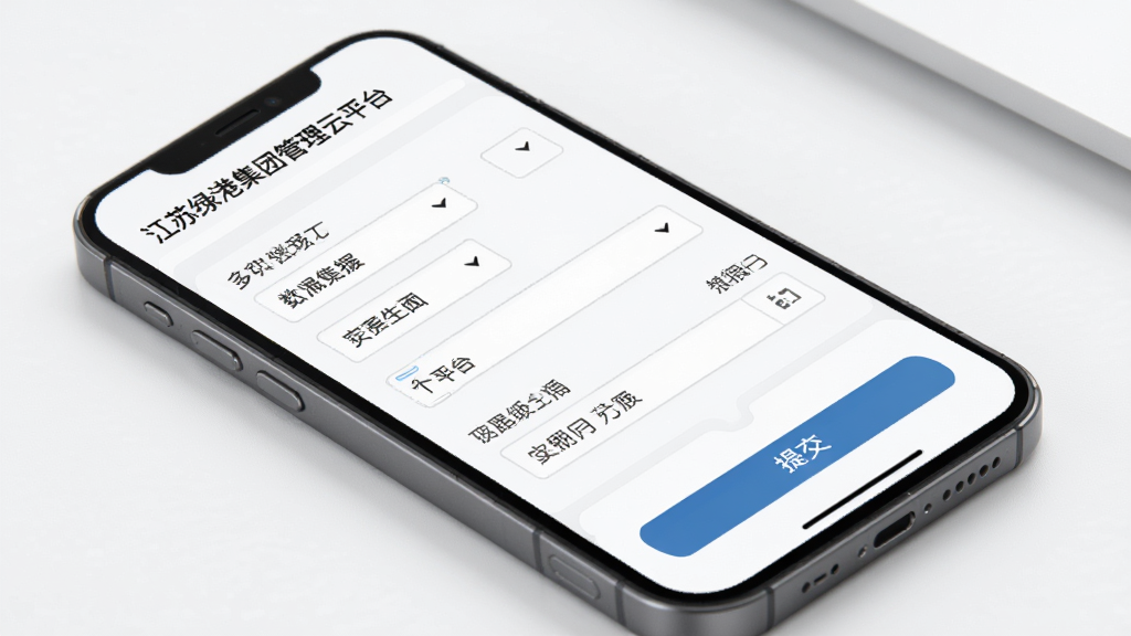 江苏绿港集团管理云平台数据填报表单界面图,主体为手机屏幕中显示的多字段录入表单与提交按钮,布局为分组式排版,风格为素雅极简风,细节包含下拉选择框与日期选择器,画质高清,画面干净,无多余元素