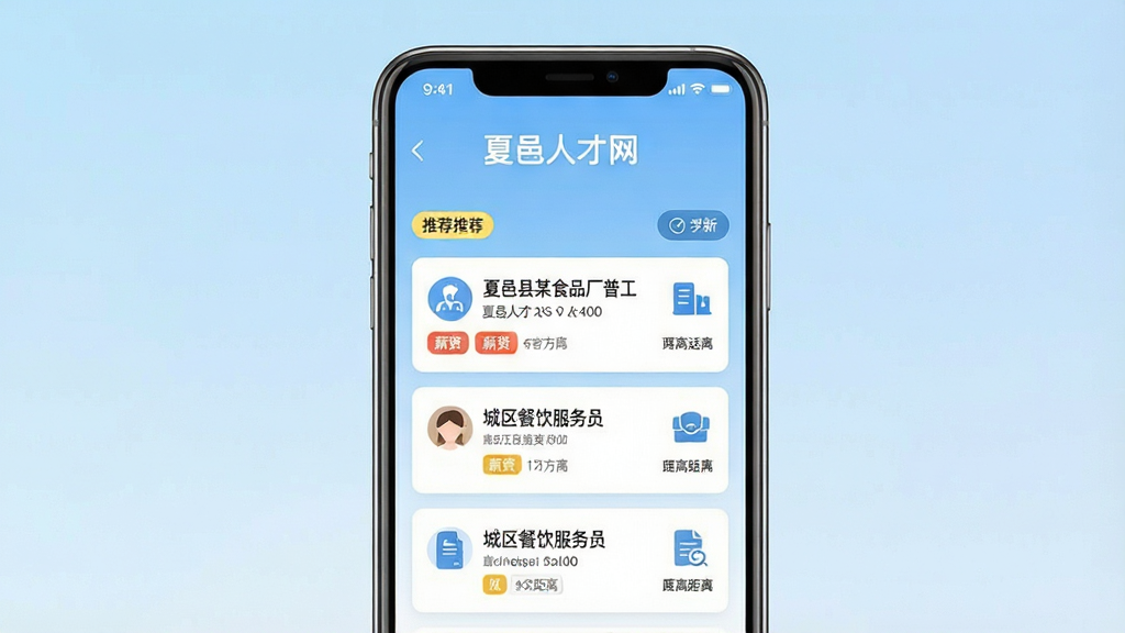 一张展示夏邑人才网智能推荐功能的界面图,画面主体为手机屏幕,屏幕中央显示“夏邑人才网”标题,下方以卡片形式列出多个岗位推荐,如“夏邑县某食品厂普工”“城区餐饮服务员”等,每张卡片带有薪资标签和距离标识,背景为浅蓝色渐变,风格为现代扁平化设计,细节包括推荐标签、刷新按钮、岗位图标,画质清晰,干净整洁,无多余元素