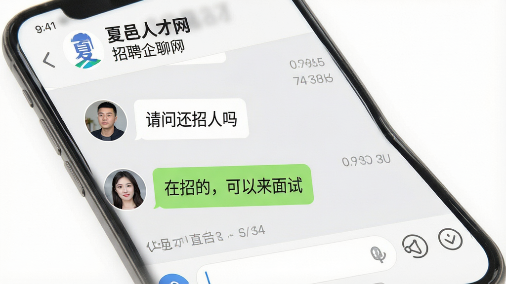 一张展示夏邑人才网企业直聊功能的界面图,画面为手机聊天界面,顶部显示“夏邑人才网”和招聘企业名称,聊天内容包含求职者询问“请问还招人吗”和企业回复“在招的,可以来面试”,背景为浅灰色聊天背景,风格为真实社交软件对话样式,细节包括头像、时间戳、输入框,画质高清,干净整洁,无多余元素