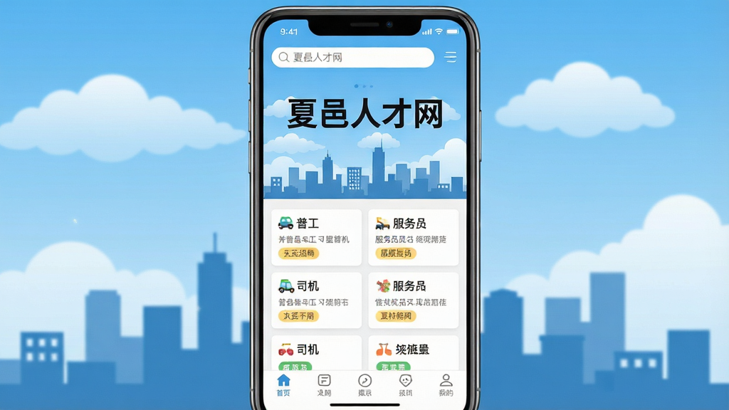 一张手机屏幕展示夏邑人才网APP首页的界面图,画面中央是手机正视图,屏幕上显示“夏邑人才网”五个大字,下方排列着各类招聘岗位卡片,如普工、司机、服务员等,背景是夏邑县城市剪影与蓝天白云,整体布局简洁清晰,风格为扁平化UI设计,细节包括搜索框、底部导航栏、岗位标签,画质高清,干净明亮,无多余元素