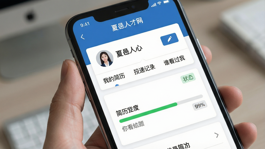 一张展示夏邑人才网简历投递管理界面的手机截图,画面中央是手机屏幕,显示“夏邑人才网”个人中心页面,包含“我的简历”“投递记录”“谁看过我”等选项,简历完成度以进度条展示,背景为白色卡片式布局,风格为简洁商务风,细节包括头像、编辑按钮、状态标签,画质清晰,干净无多余元素