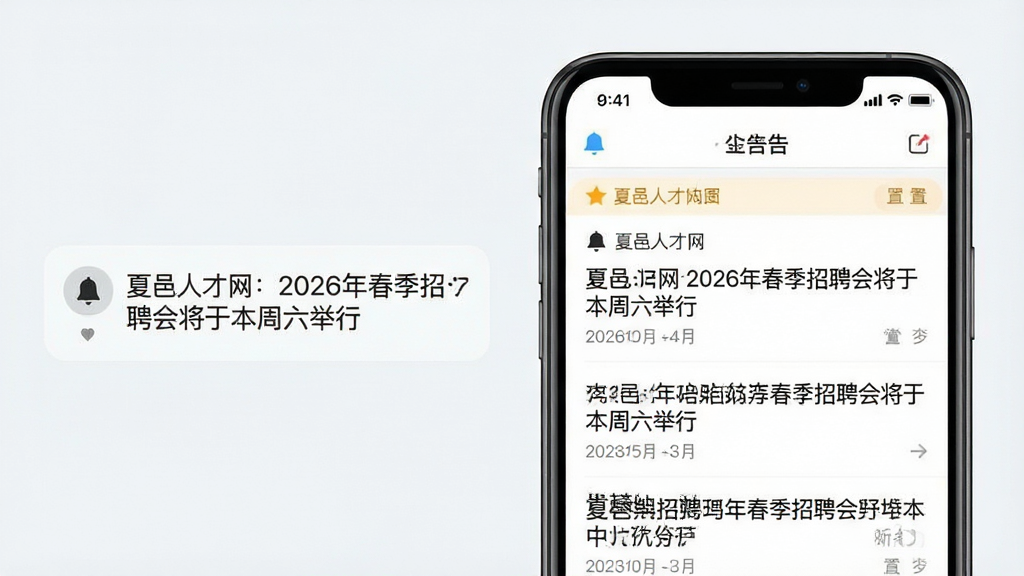 一张展示夏邑人才网公告推送功能的界面图,画面为手机通知中心和APP内公告列表,通知显示“夏邑人才网:2026年春季招聘会将于本周六举行”,APP内列表包含多条招聘公告标题,背景为浅色系,风格为资讯类应用常见布局,细节包括铃铛图标、日期标签、置顶标识,画质高清,干净整洁,无多余元素