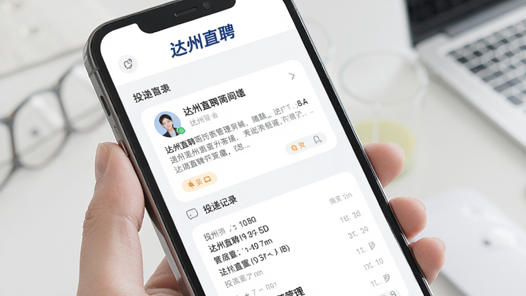 达州直聘简历管理页面,手机屏幕显示简历卡片和投递记录列表,顶部有达州直聘标志,界面采用圆角卡片设计,浅色背景,风格清新简洁,细节清晰,高清画质,无多余元素