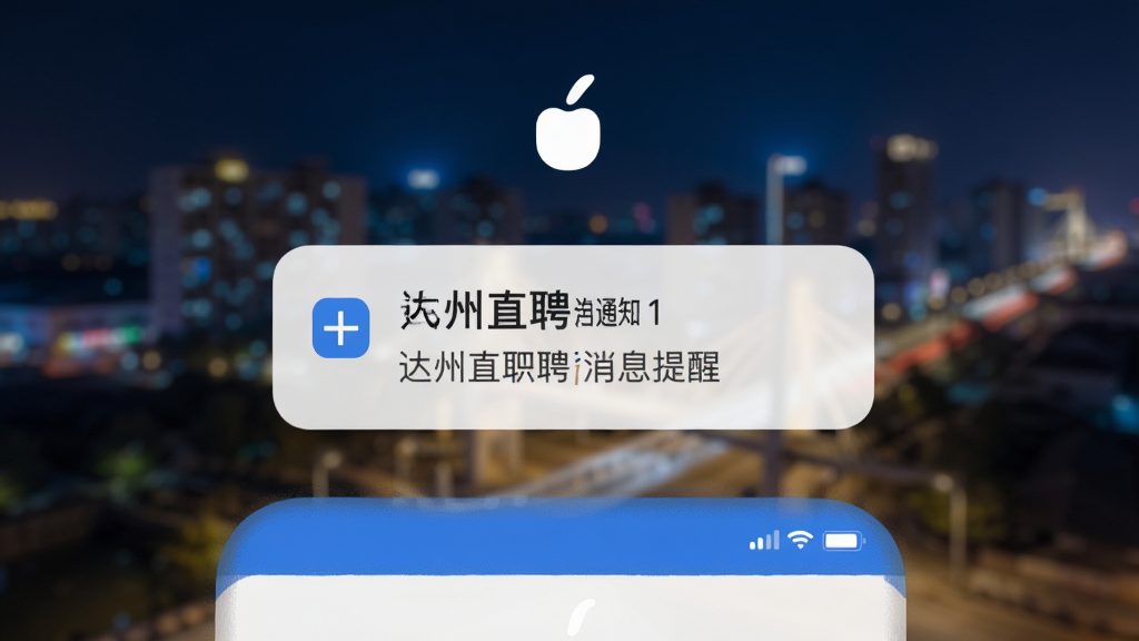 达州直聘消息通知界面,手机锁屏状态显示达州直聘新消息提醒,背景是达州城市夜景虚化,界面简洁,蓝白配色,风格现代,细节丰富,高清画质,干净无杂乱