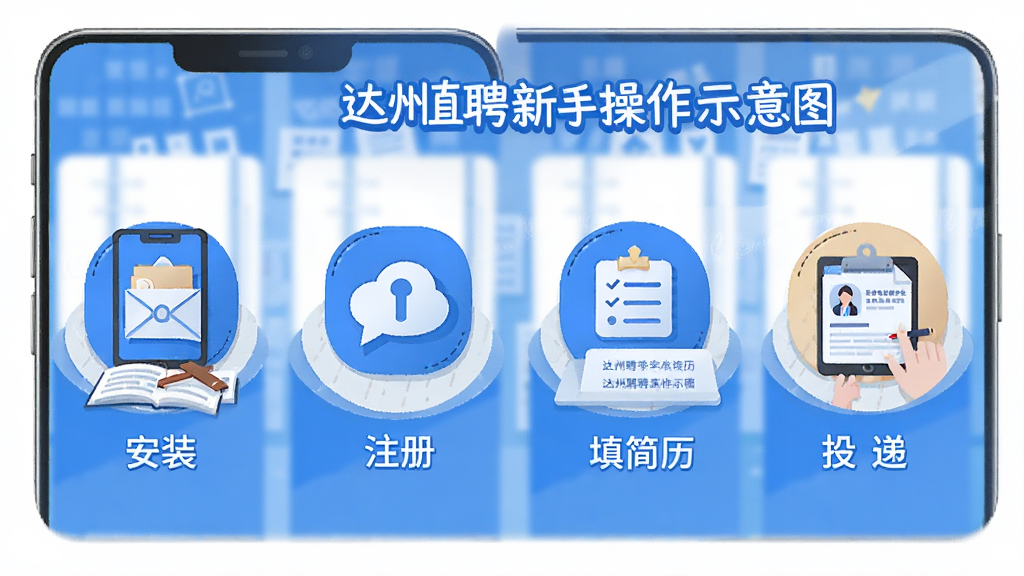 达州直聘新手操作示意图,手机屏幕展示安装、注册、填简历、投递四个步骤图标,达州直聘字样醒目,扁平化插画风格,蓝白配色,布局清晰,细节丰富,高清画质,干净无多余元素