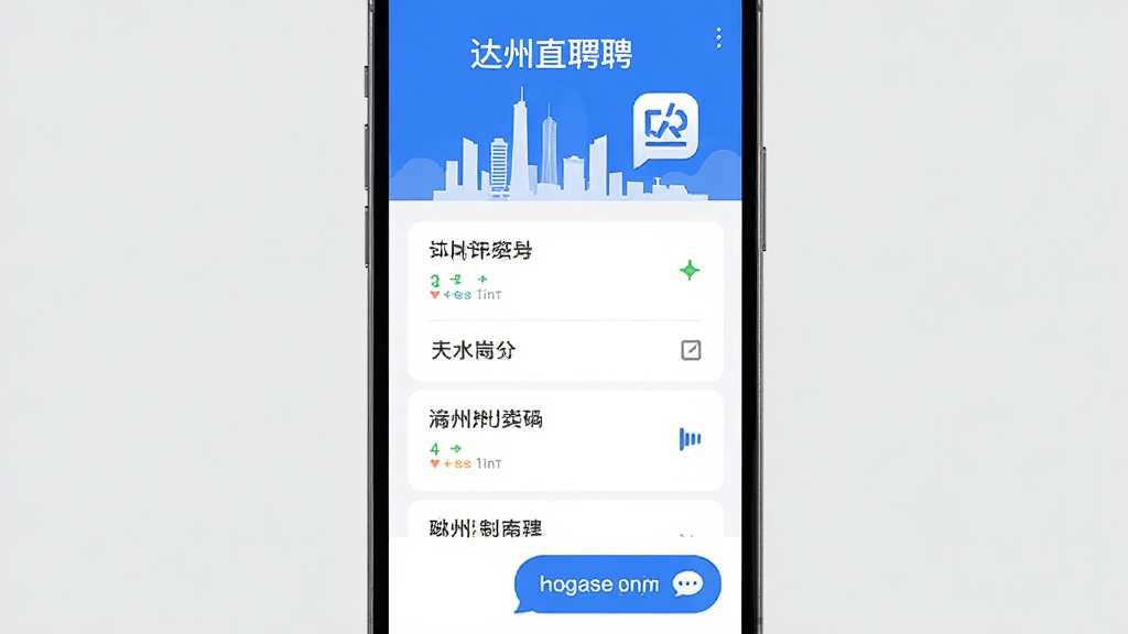 手机屏幕中央展示达州直聘应用界面,上方是达州城市剪影与招聘图标,中间是岗位列表卡片,下方是聊天沟通按钮,整体采用蓝白配色,扁平化设计风格,画面干净整洁,无多余装饰元素,高清画质,适合软件下载站展示