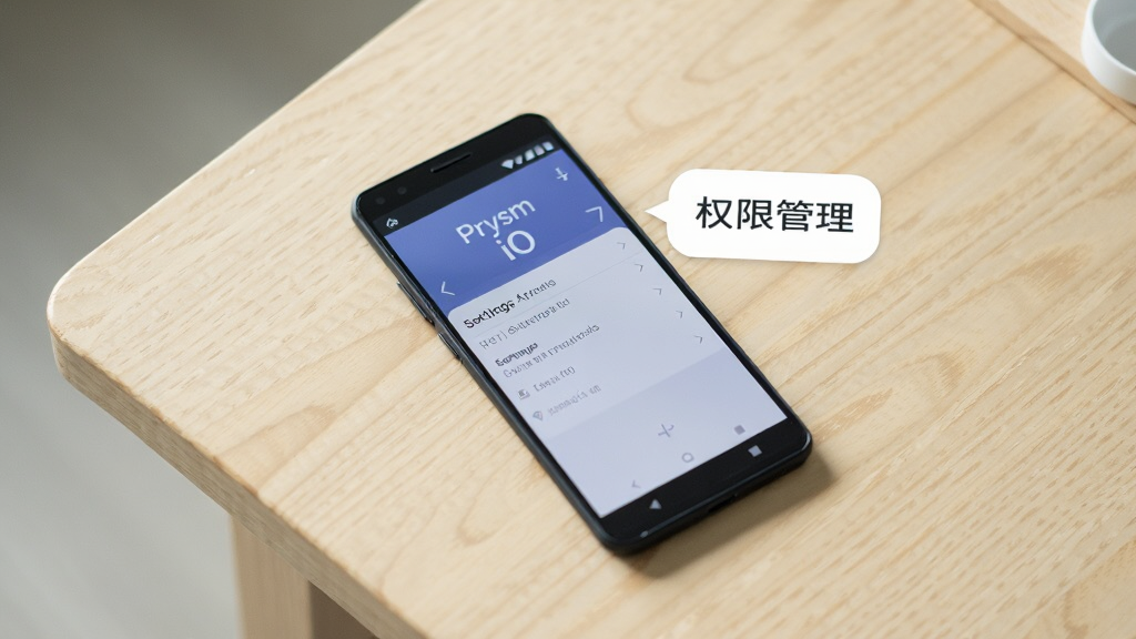 一部安卓手机放在桌面上,屏幕显示 Prysm iO 的设置页面,旁边有提示气泡写着“权限管理”,背景为浅木色桌面,风格清新简约,画质干净,无多余元素