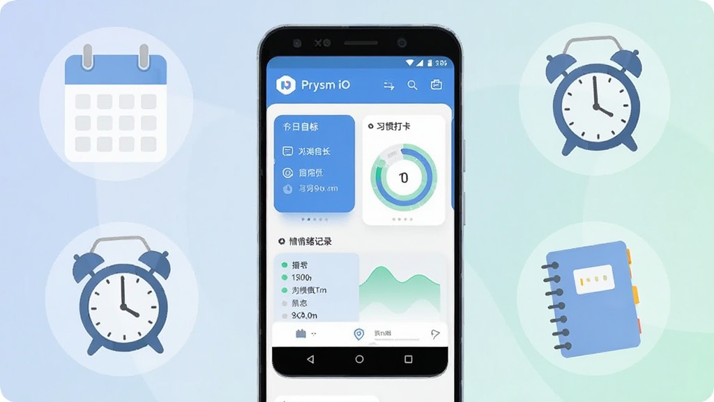 画面中央放置一部安卓手机,屏幕显示 Prysm iO 应用主界面,界面以浅蓝与白色为主,布局包含今日目标卡片、习惯打卡圆环与情绪记录入口;手机周围环绕半透明的日历、闹钟与笔记本图标,采用扁平插画风格,细节干净,背景为柔和渐变,画质清晰,无多余元素
