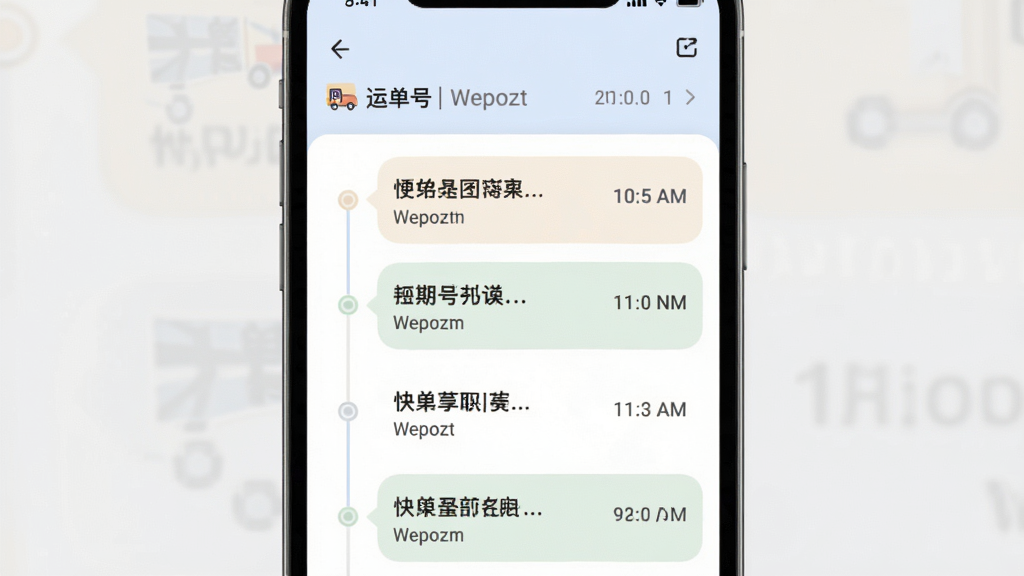 Wepozt物流轨迹详情页面截图,手机屏幕内显示时间轴样式的物流节点列表,每个节点配有文字说明与时间戳,顶部显示运单号与快递公司,界面风格简洁,配色柔和,画质清晰,干净,无多余元素