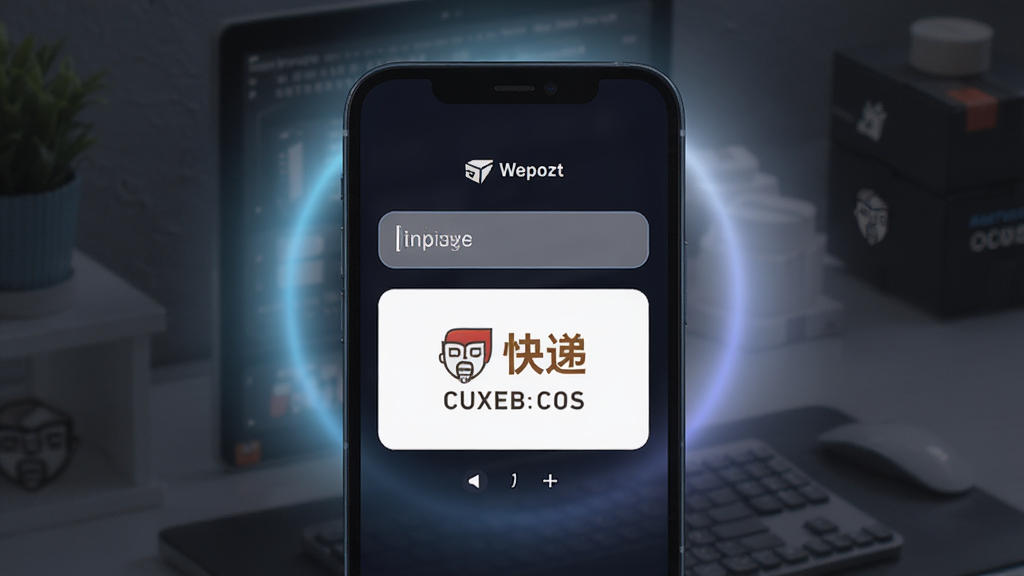 Wepozt添加包裹界面,手机屏幕中央显示输入框与自动识别出的快递公司标识,周围有柔和的光效点缀,整体风格科技感与简洁并存,画质清晰,干净,无多余元素