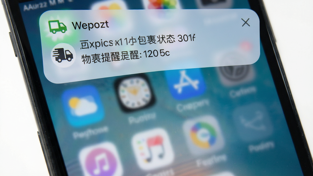 Wepozt手机应用物流提醒通知界面,手机屏幕顶部弹出通知横幅,显示包裹状态更新内容,背景为手机桌面,整体风格写实,画质清晰,干净,无多余元素