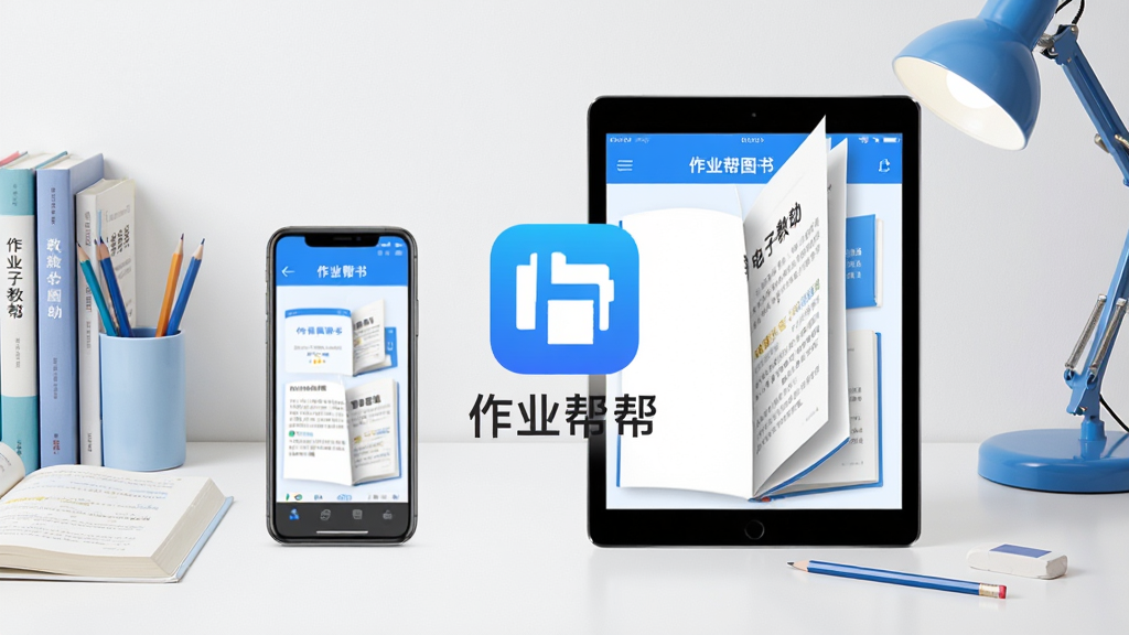 作业帮图书 手机与平板并排展示电子教辅页面 翻开书本的动画效果 蓝色与白色为主色调 背景是整洁的书桌 画面中央显示软件图标和名称 布局采用居中对称 风格清新简约 细节包含课本 铅笔 橡皮 台灯 画质高清 干净 无多余元素