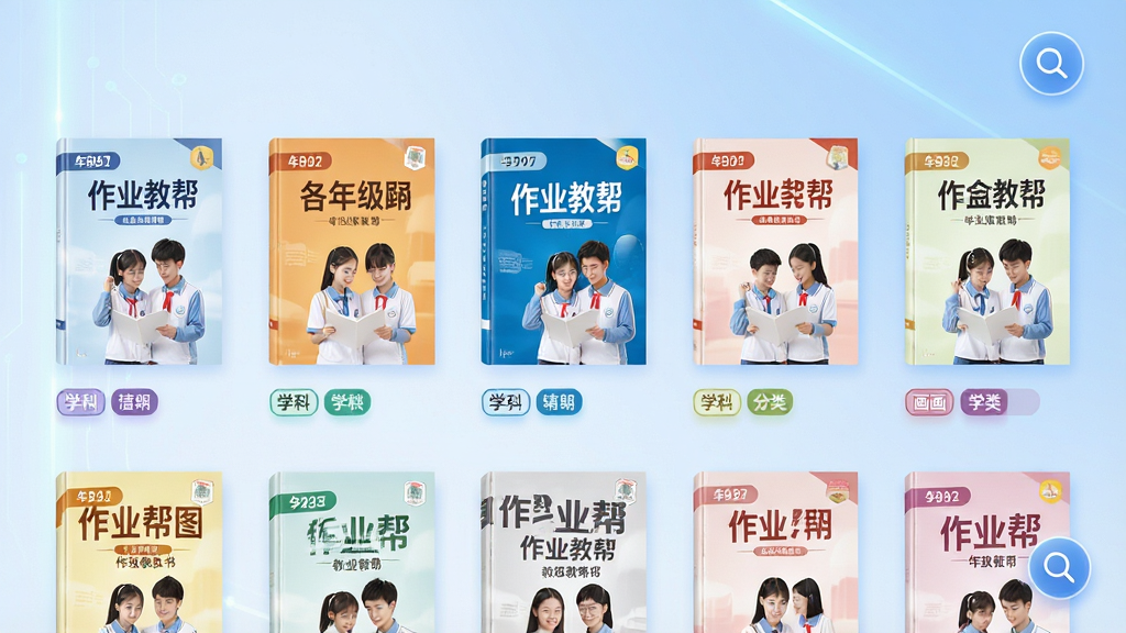作业帮图书 书架式界面排列各年级教辅封面 学科分类标签清晰可见 背景是淡蓝色渐变 布局为网格陈列 风格现代教育科技感 细节包含书本封面 年级标签 搜索放大镜图标 画质高清 干净 无多余元素